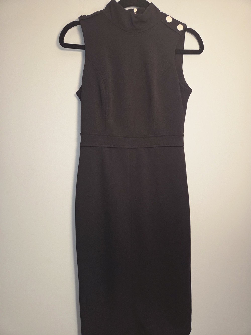 Sleeveless Black High-Neck Sheath Dress with Shoulder Button Detail